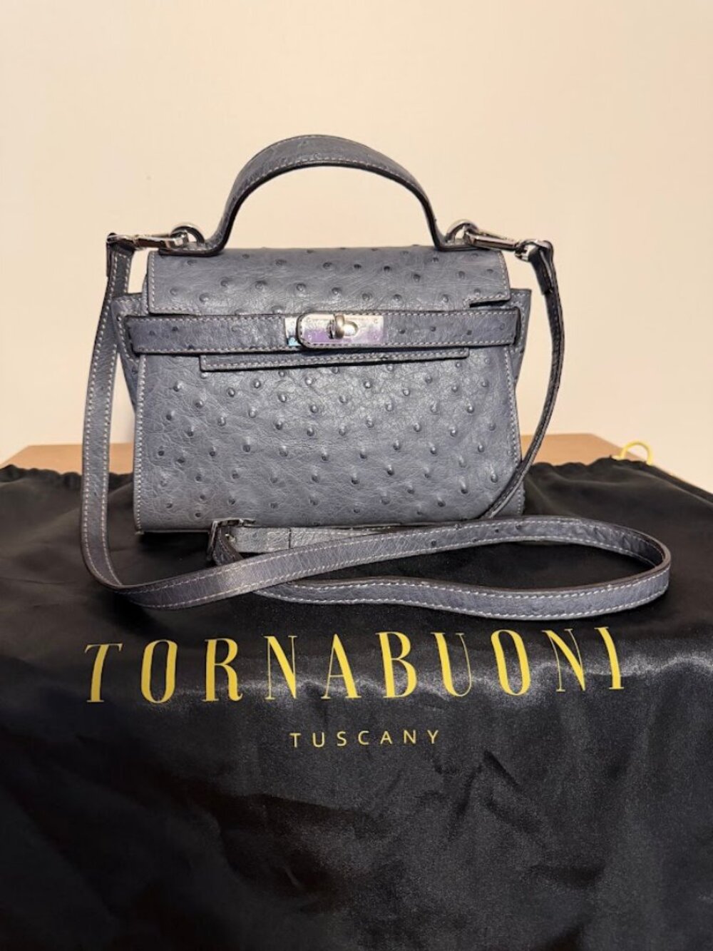 TORNABUONI Grey Ostrich-Skin Top-Handle Leather Bag with Turn-Lock Closure